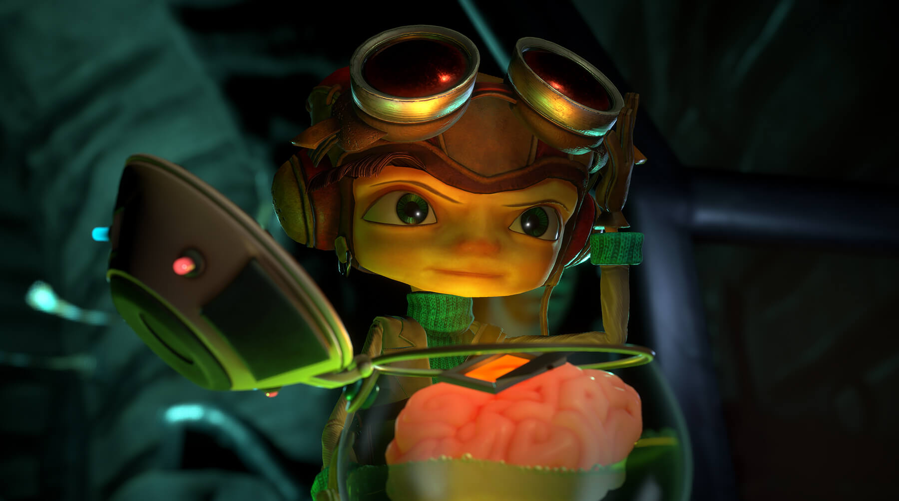 Raz from Psychonauts 2 stands over a brain in a jar.