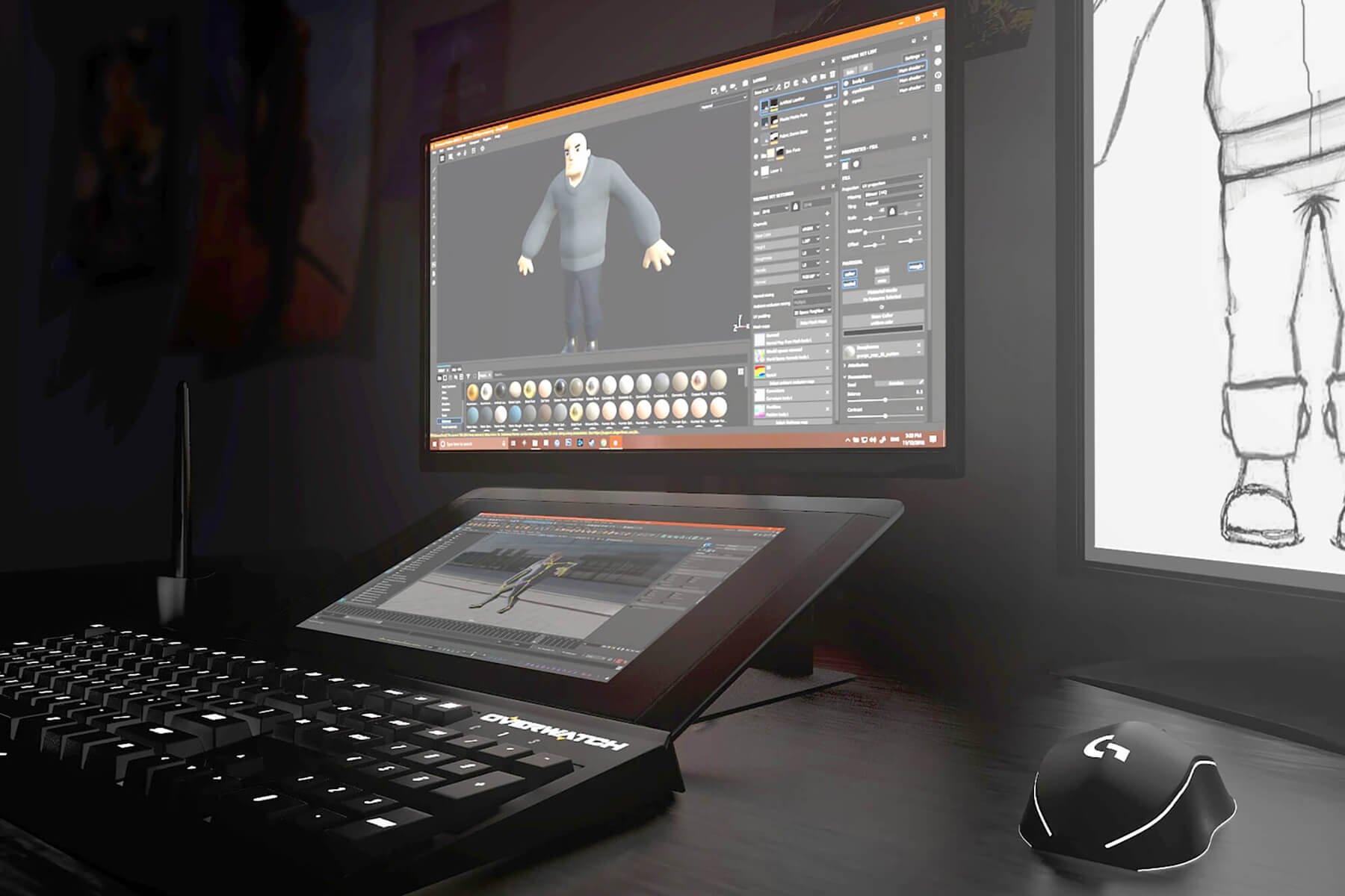 A 3D render of a desktop digital art setup, featuring two monitors and a drawing tablet.