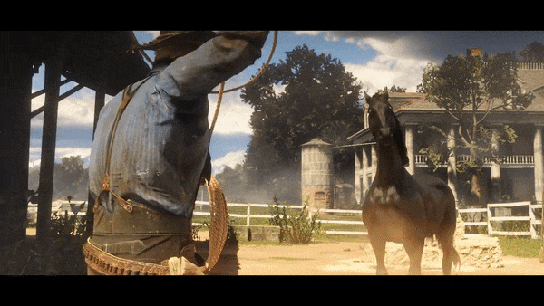 Red Dead Redemption 2 protagonist Arthur Morgan lassos a horse.