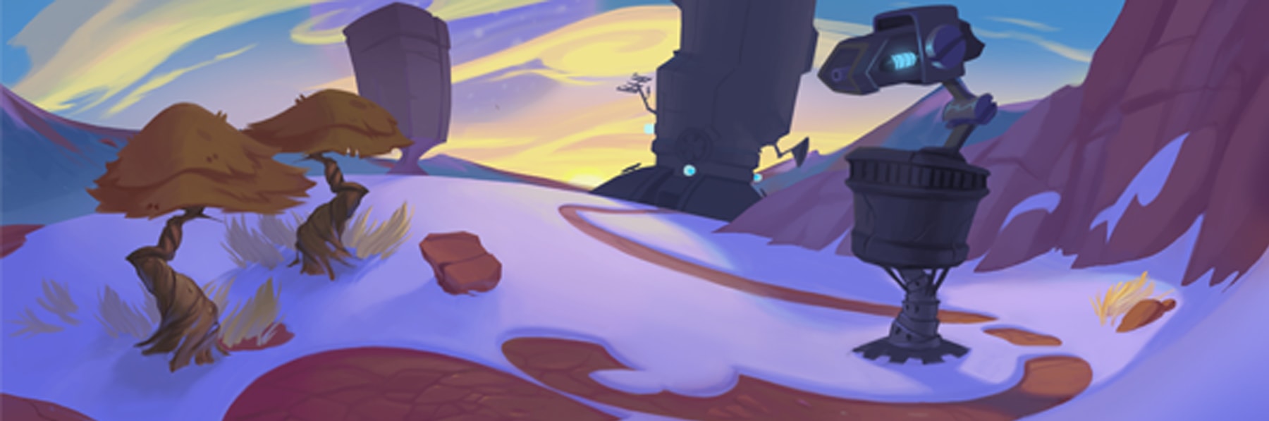illustration of a robot, structures and trees in a snowy landscape