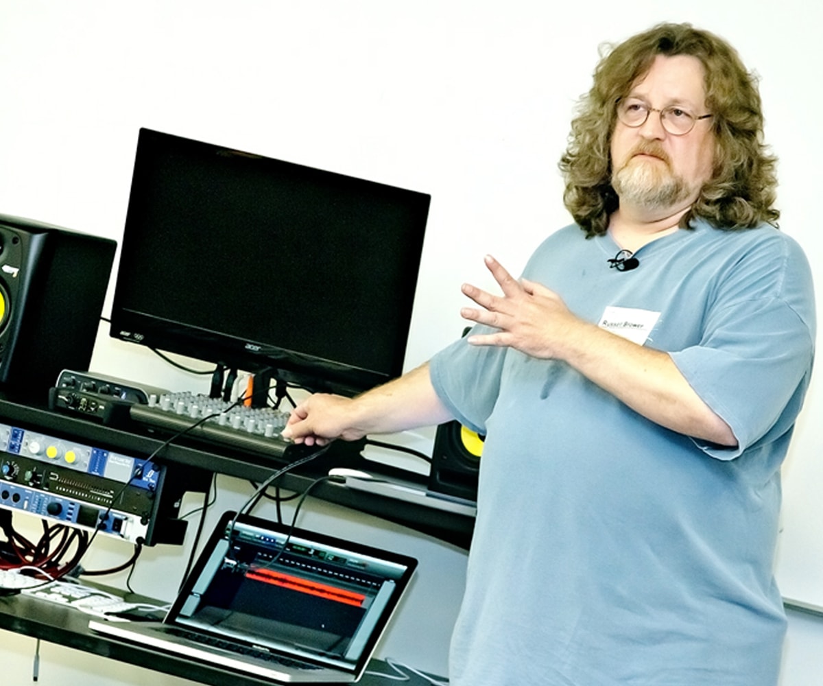 Russell Brower giving a sound demonstration in a DigiPen classroom