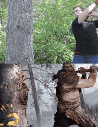 Animated GIF of DigiPen alumni Ryan Baker and a Gods of War character chopping trees