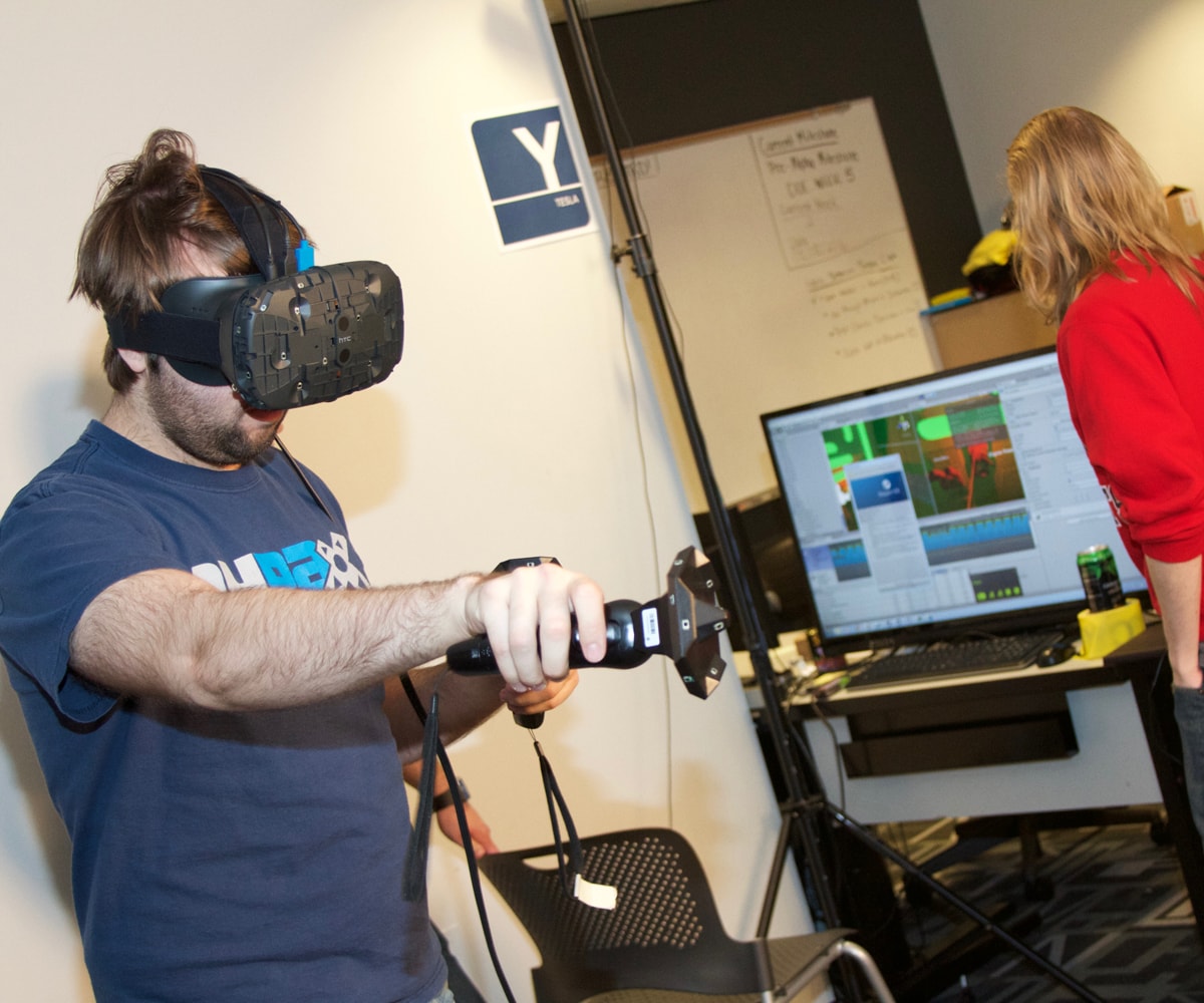 DigiPen student Ryan Baker wearing an HTC Vive headset