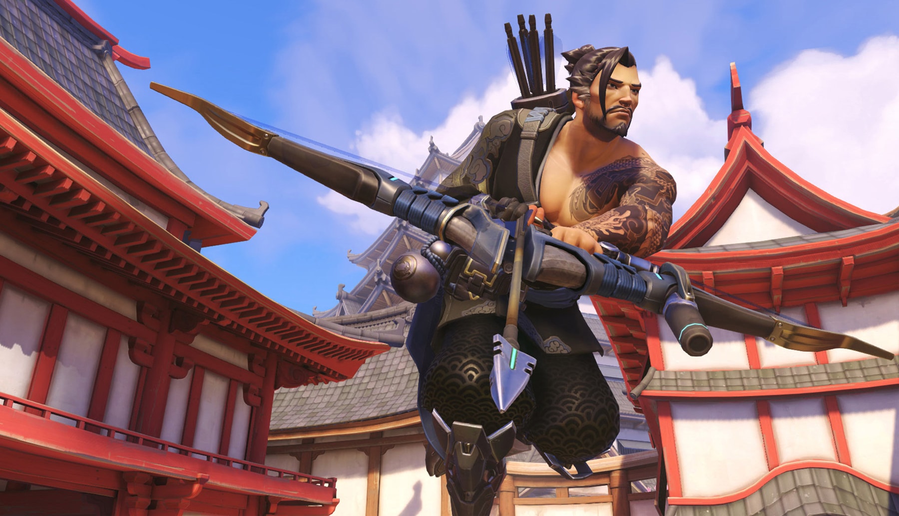 Overwatch character Hanzo wielding his storm bow among several pagodas