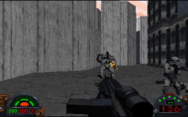 First-person view of an Empire rifle shooting a stormtrooper from Dark Forces