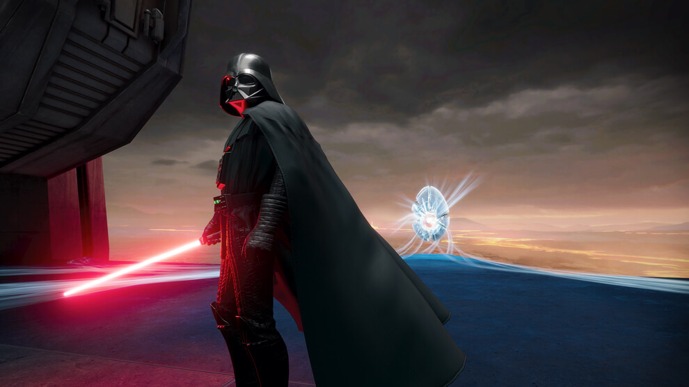 Darth Vader stands with his lightsaber drawn in a space station bay