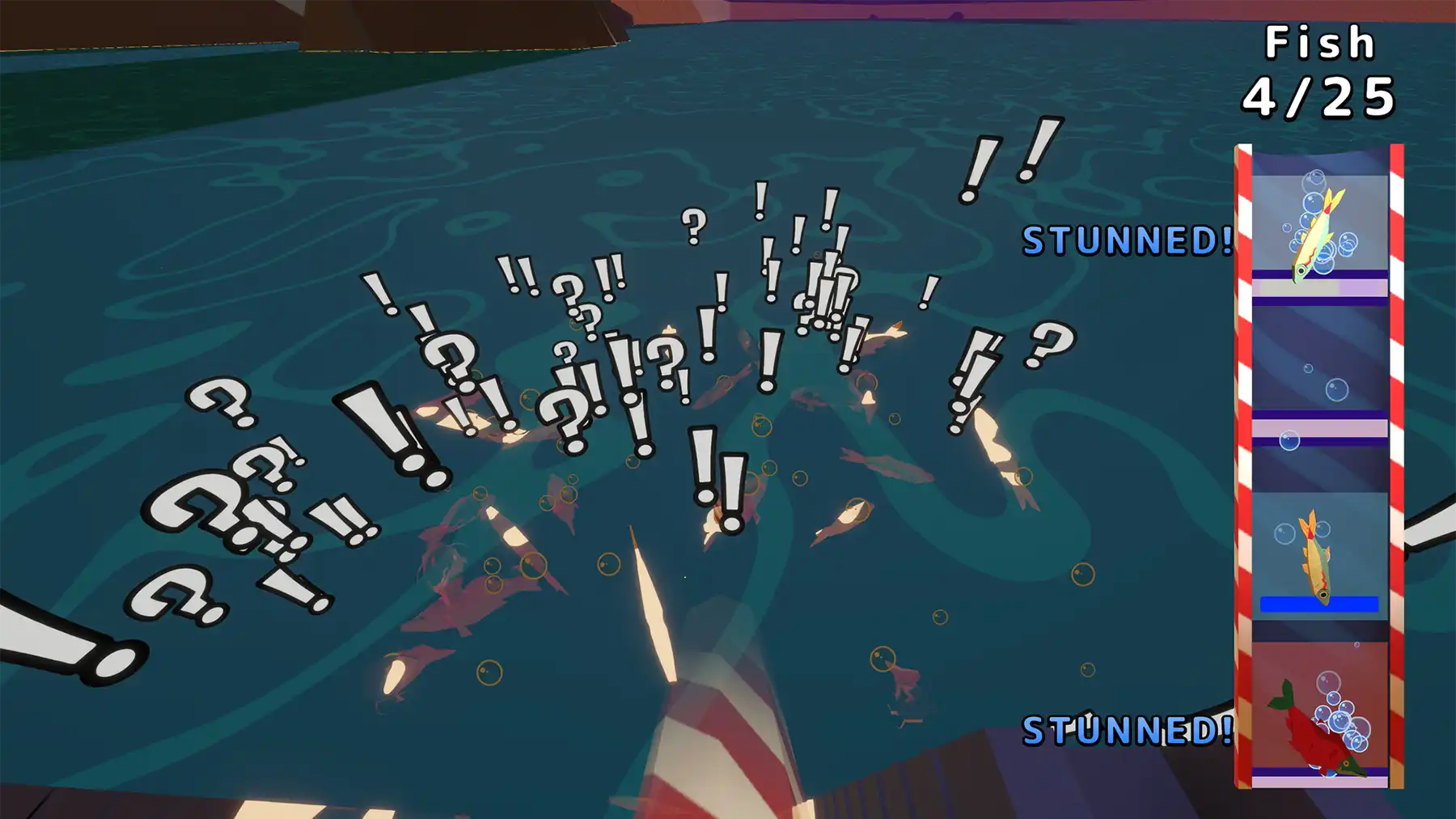 A Sip Fisher player stuns a school of surprised fish as they sip them up with a straw in the lake.