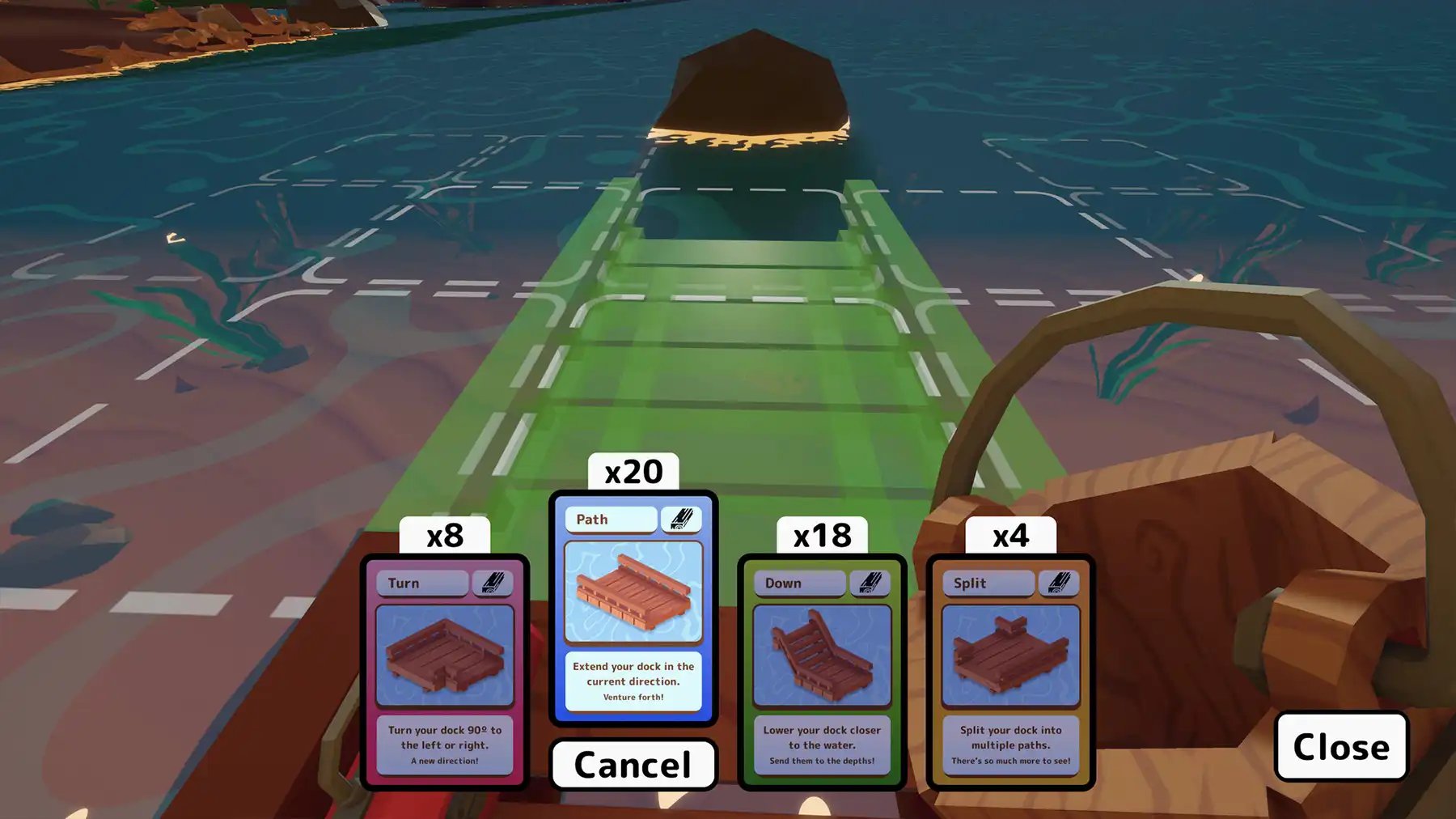 A player views cards from their
dock pack, including “turn,” “path,” “down,” and “split,” as they expand their
dock.