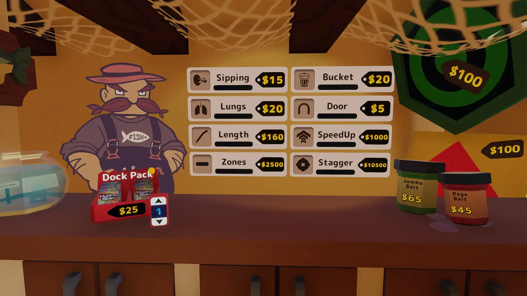 A screenshot of the <em>Sip Fisher</em>
shopkeeper with a menu of purchasable upgrades, dock packs, and bait.