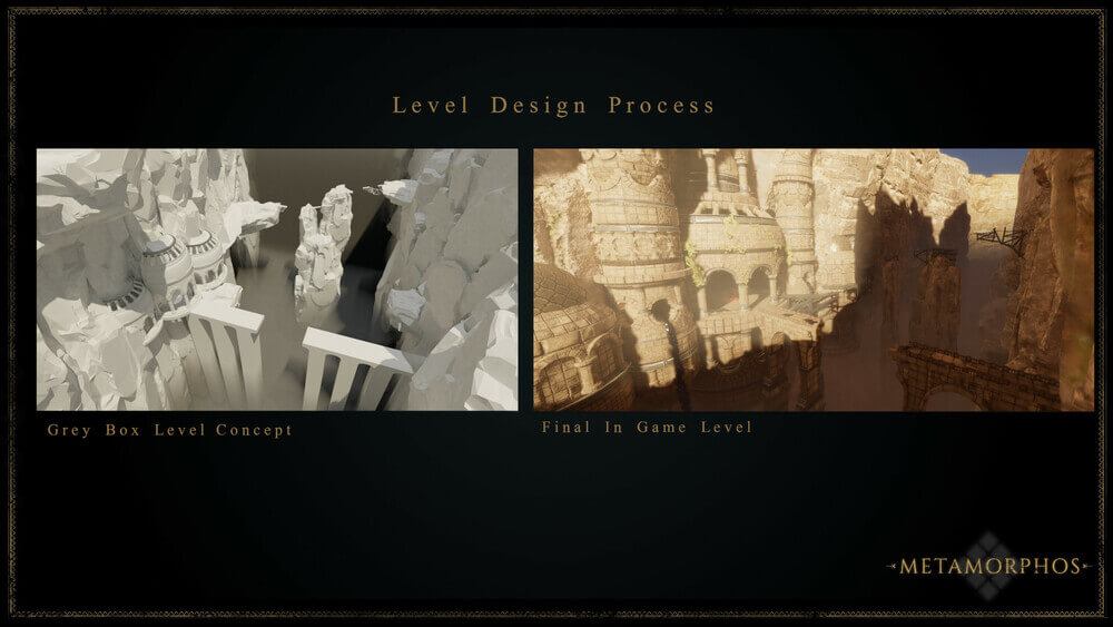 Before and after of game level design showing ancient ruins.