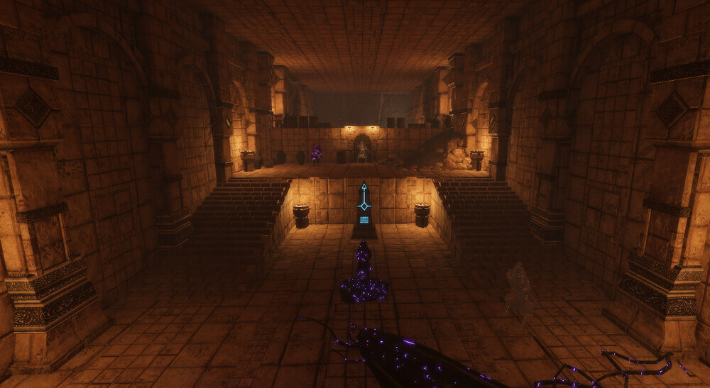 Inside a dimly lit brown stone temple with purple slimes.