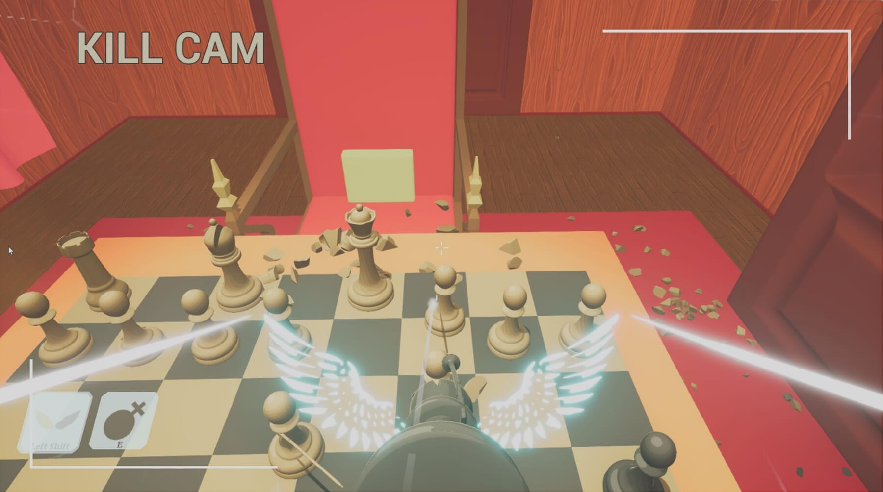 A bishop flies and shoots a pawn in an FPS Chess “Kill Cam” replay.