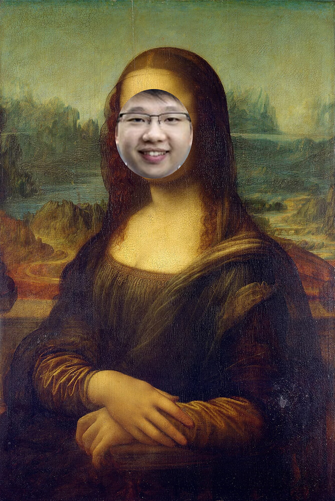 The Mona Lisa, with DigiPen graduate Chau Nguyen’s face roughly Photoshopped on.
