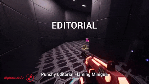 Animated GIF depicting red Punchy Editorial Flaming Minigun shooting words