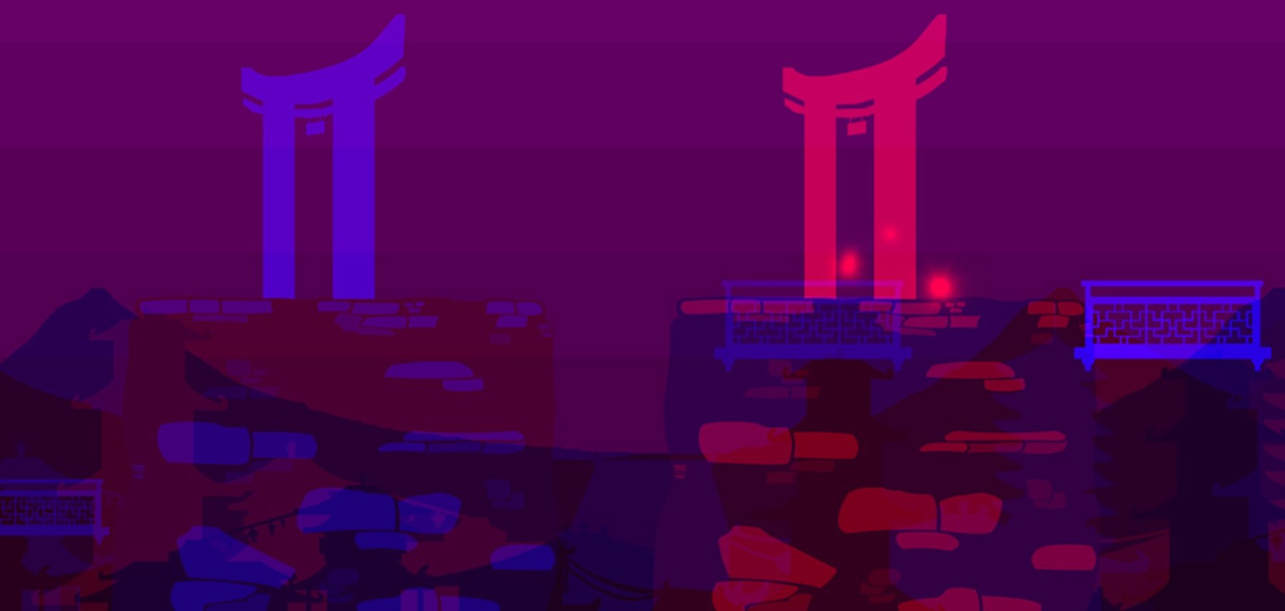 Screenshot of identical arches rendered in blues, reds and purples from Sunder