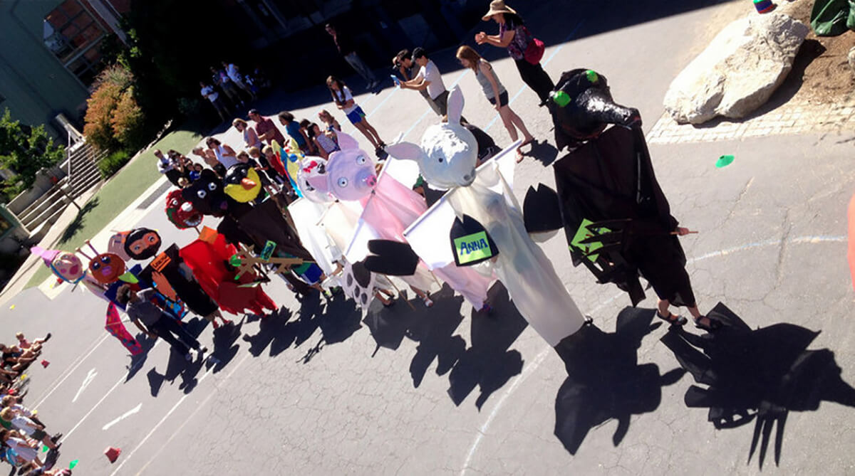 Photo of parade puppets created by children in Tara Jaiyeola's workshop.