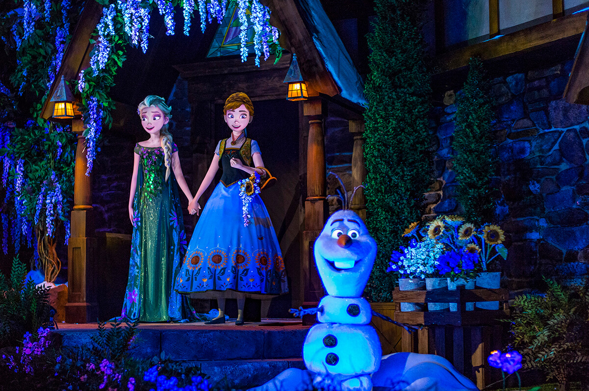 Picture of audio-animatronic versions of Anna, Elsa, and Olaf from the Frozen Ever After attraction at Disney's Epcot theme park