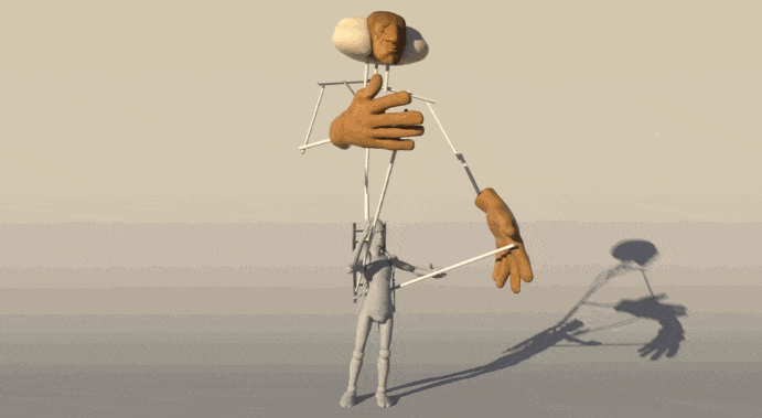 Animated gif of an oversized puppet armature created by Taralyn von der Linden