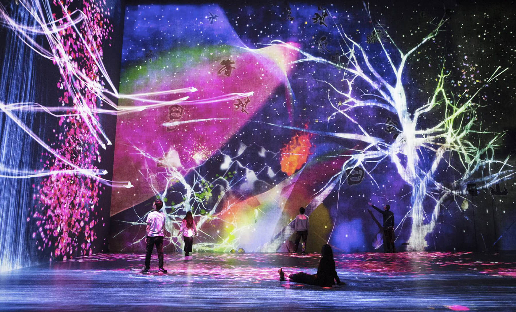 teamLab art viewers gaze at a room full of digital trees, birds, and outer space.