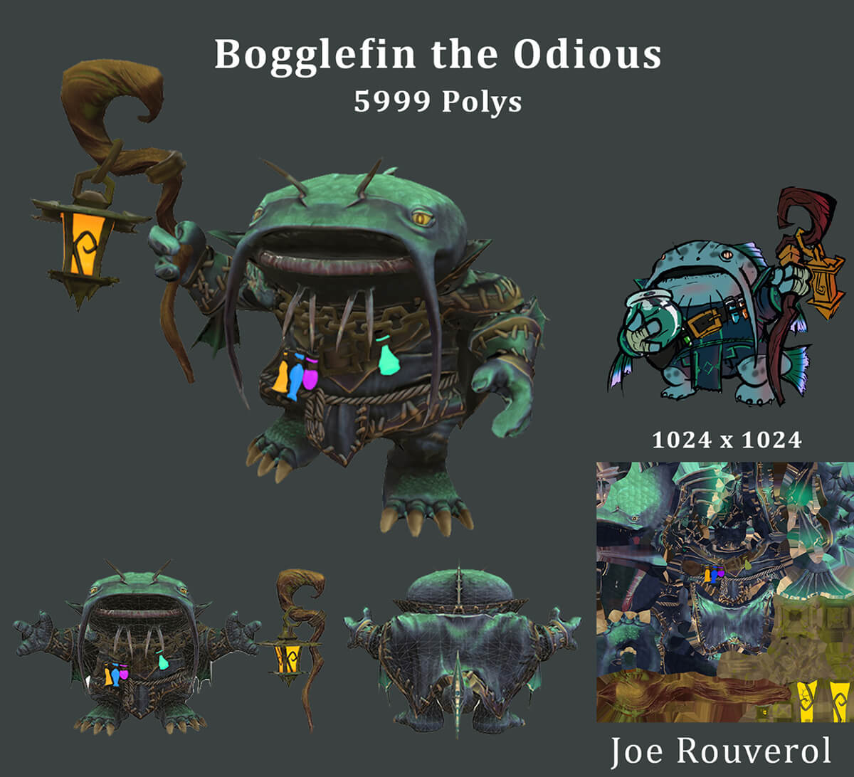 A model sheet of Joe Rouverol’s catfish wizard character Bogglefin the Odious.