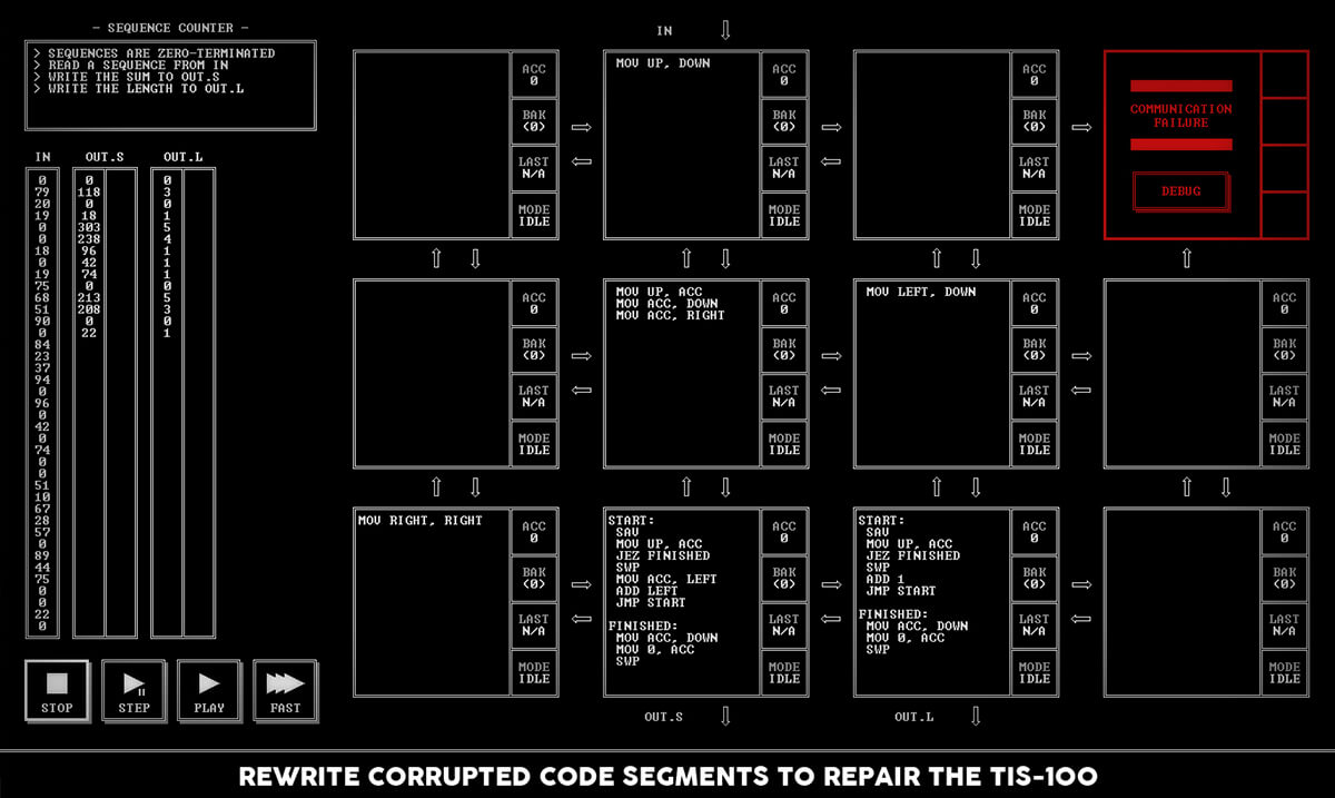 A screenshot from the game TIS-100 depicting a series of boxes with computer command prompts.