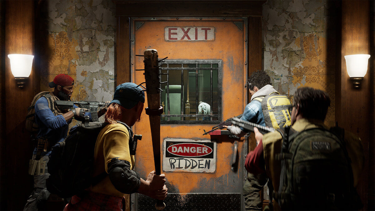 Four armed survivors approach an exit door.