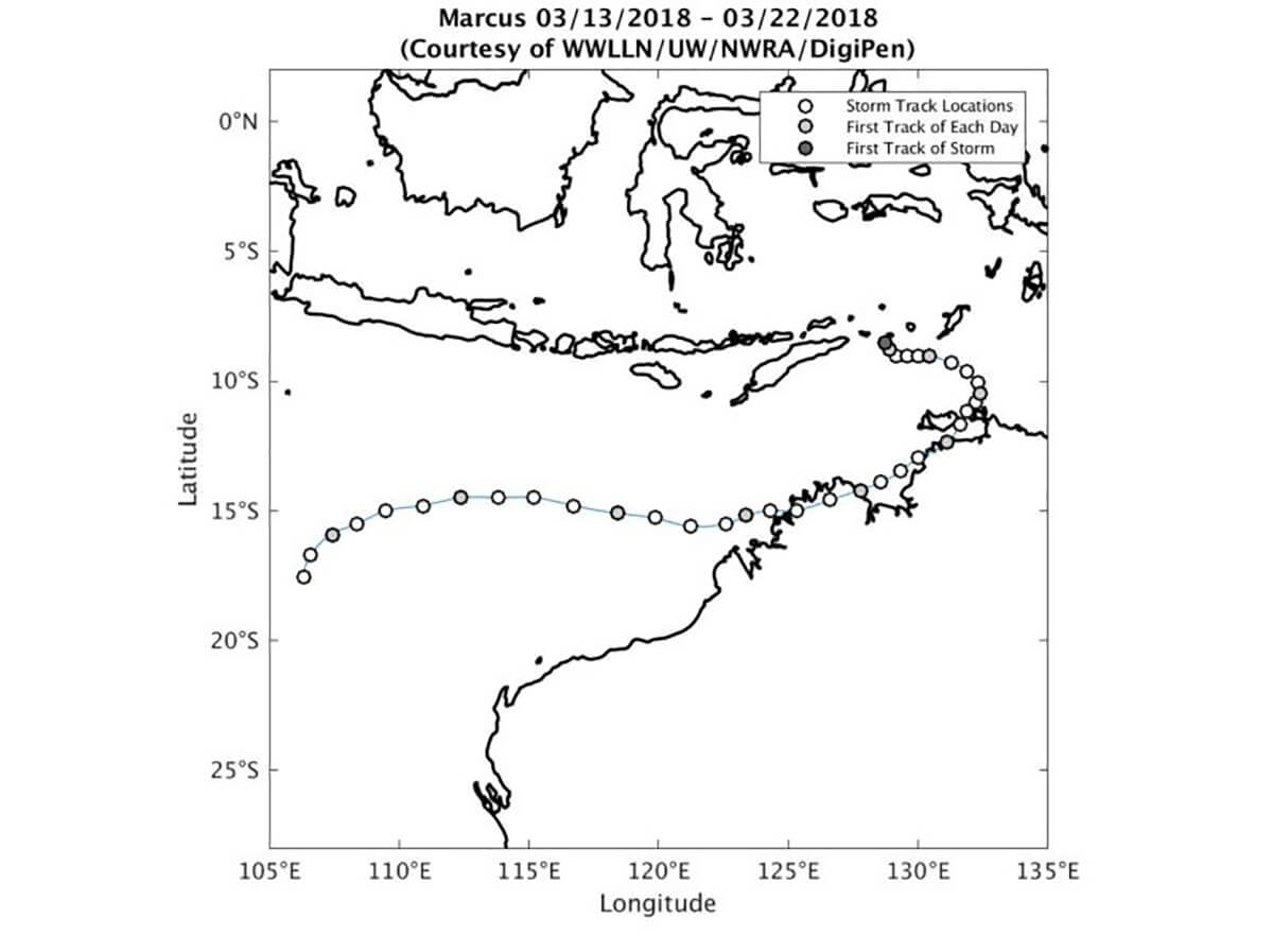 WWLLN-TC's track map for Cyclone Marcus, swirling off the coast of Australia