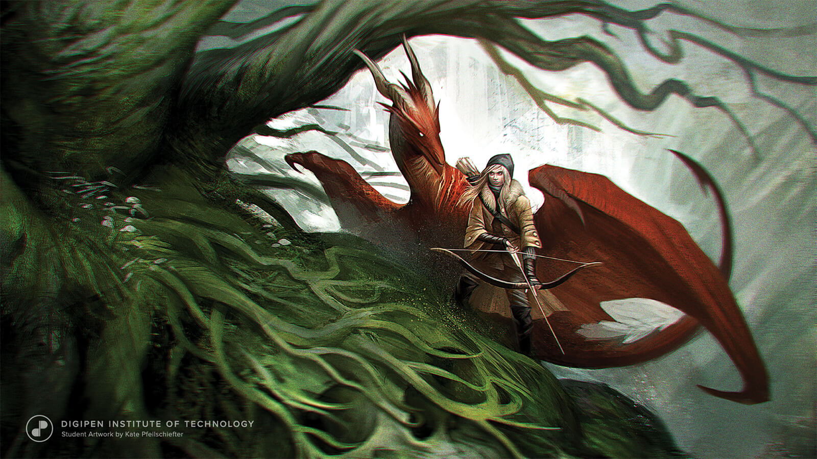 Digital painting of a red dragon and blond female carrying a cross bow in the forest