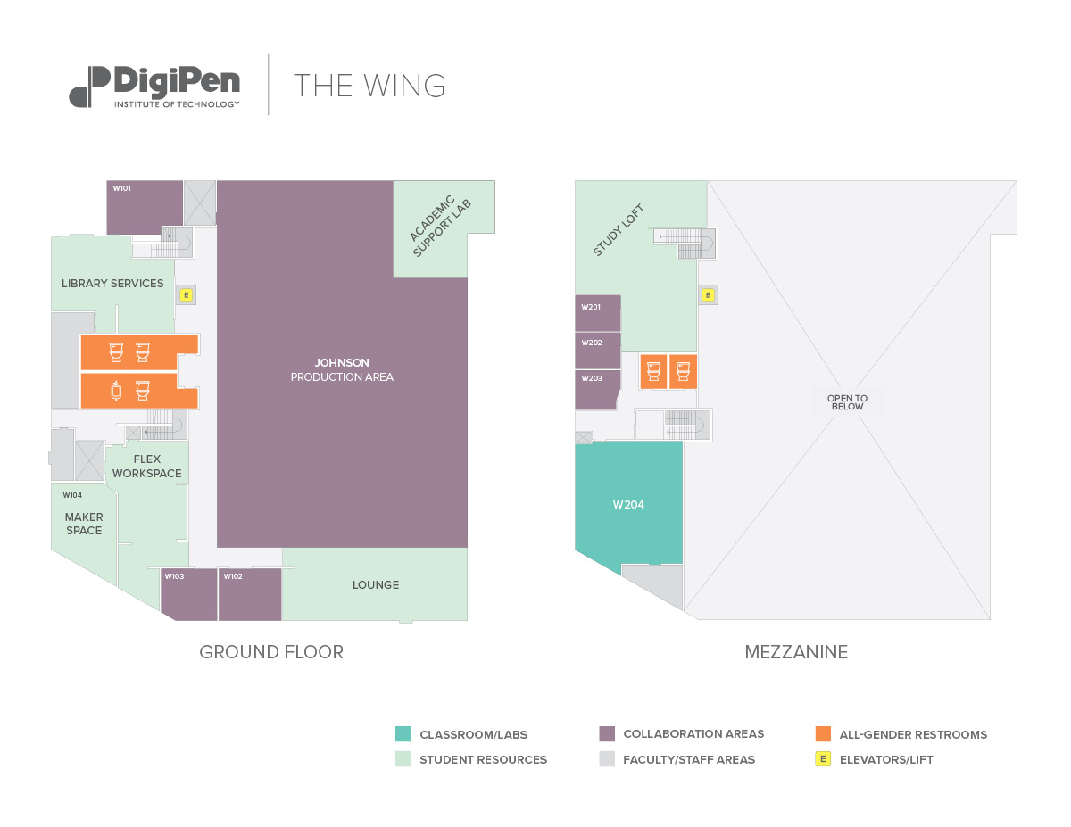 Map of The Wing building at DigiPen in Redmond, WA