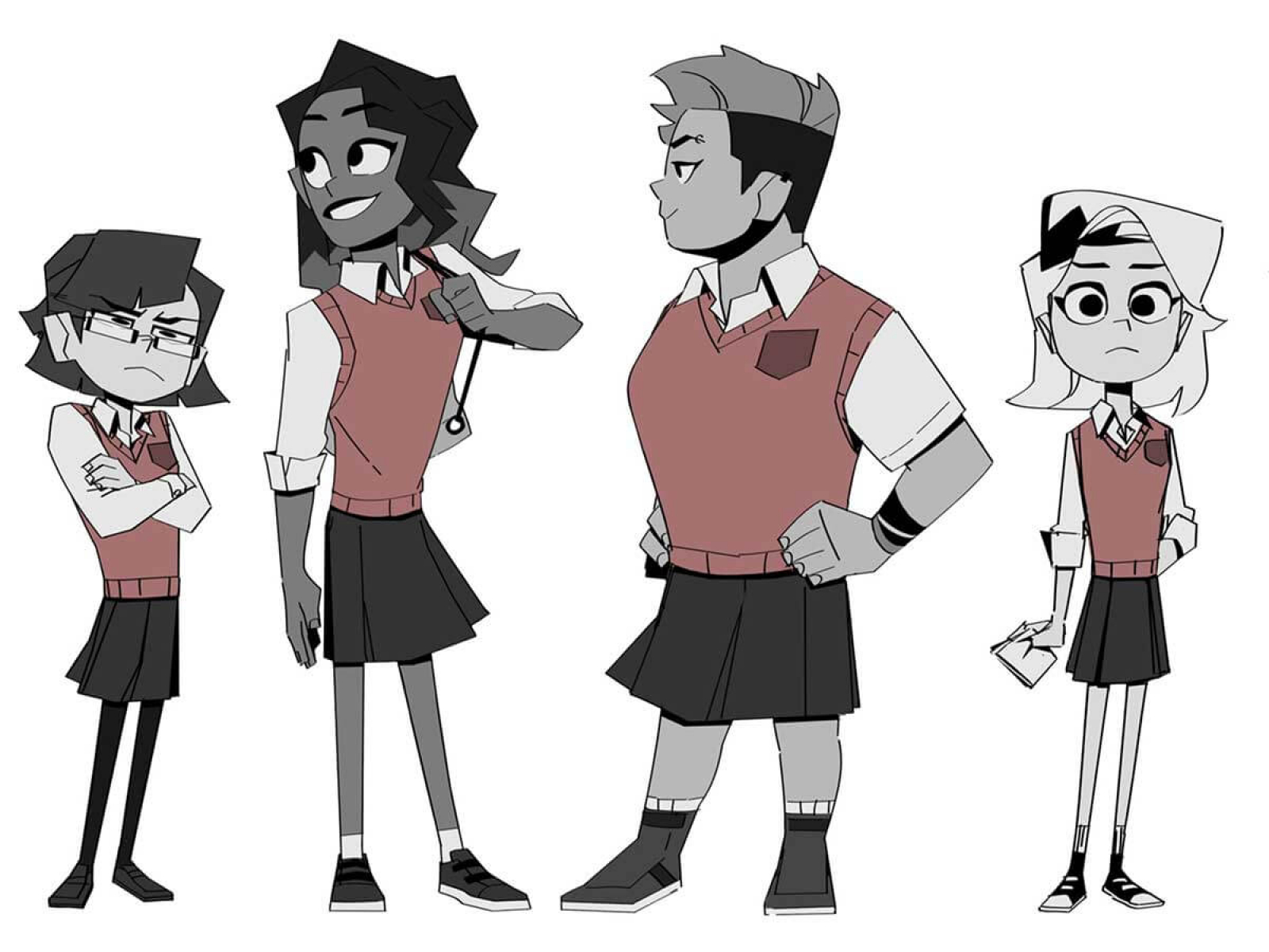 Concept art of various characterized students in a red school uniform.