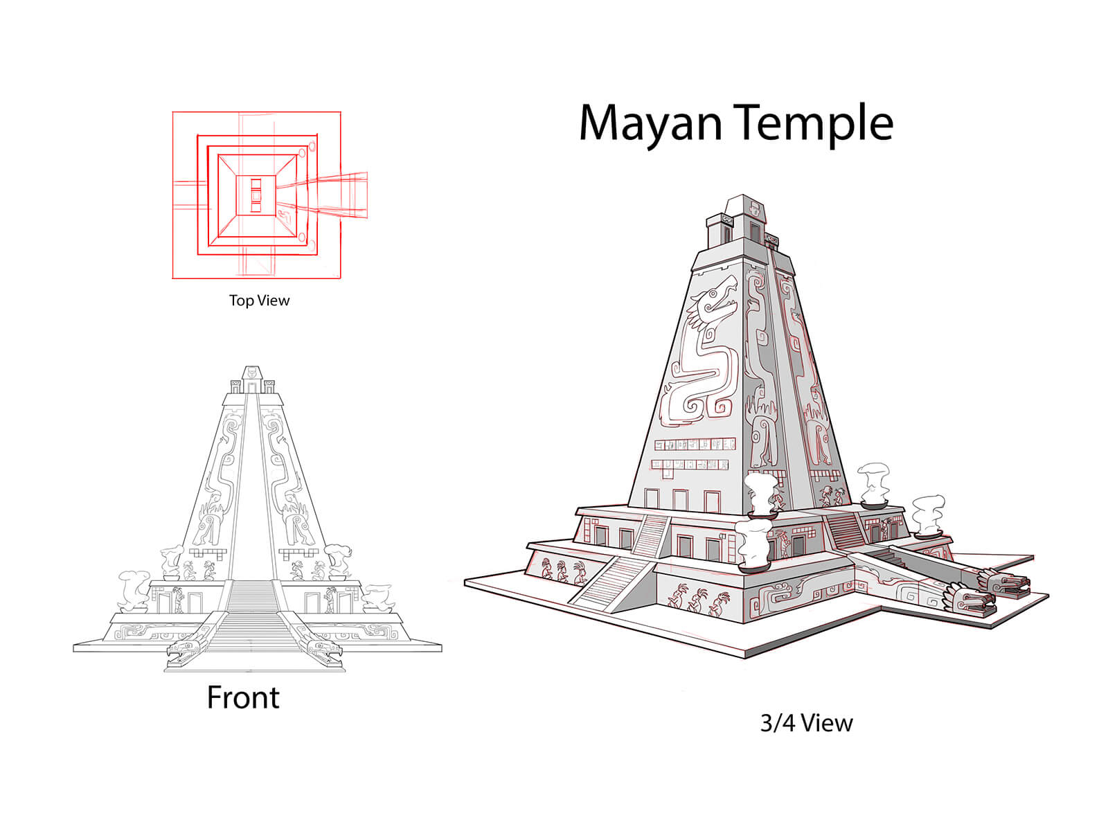 Multiple sketched views of a Mayan temple