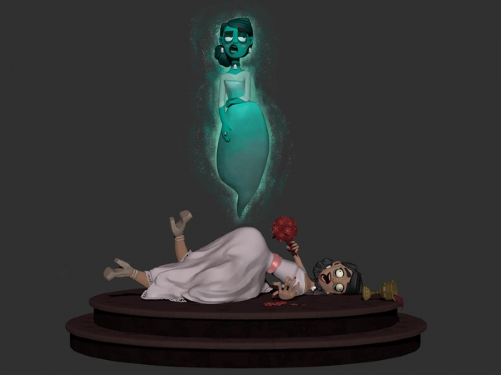 computer-generated 3d model of a female character lying on a pedestal while her ghost floats above
