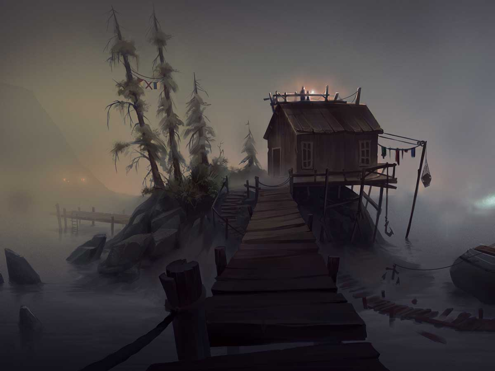 A rickety house stands on a rock within a gloomy swamp environment.