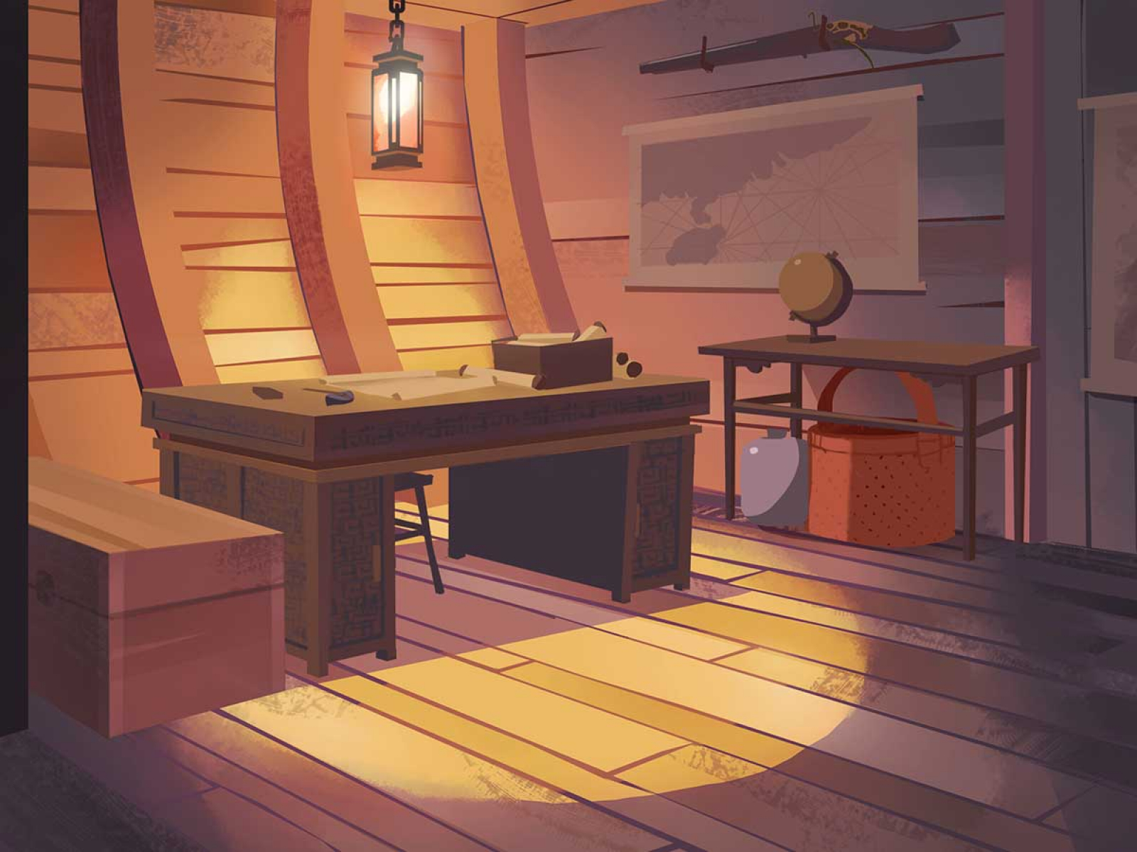 A desk space lit by a lantern within a wooden ship's interior.