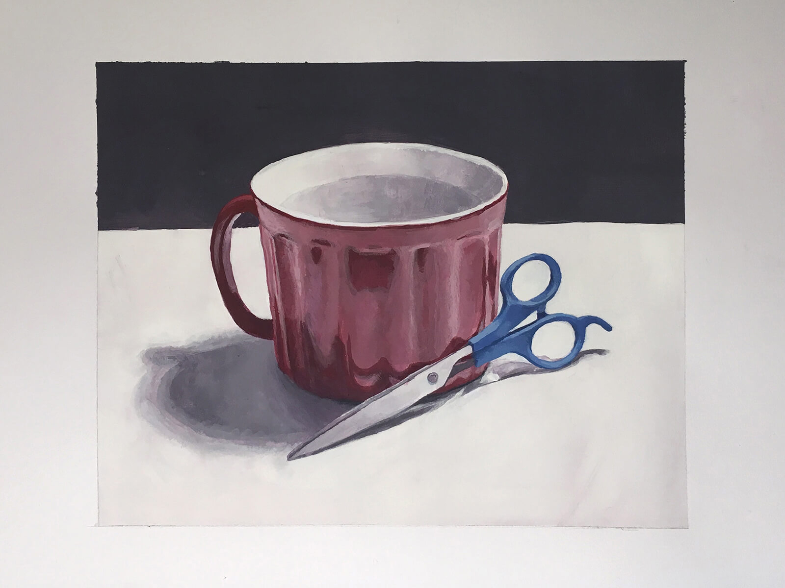 still-life traditional painting of a red mug and blue-handled scissors 