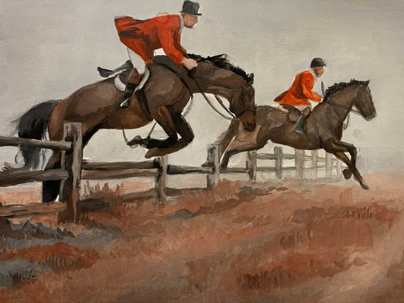 Two men ride horses who are jumping over a fence.