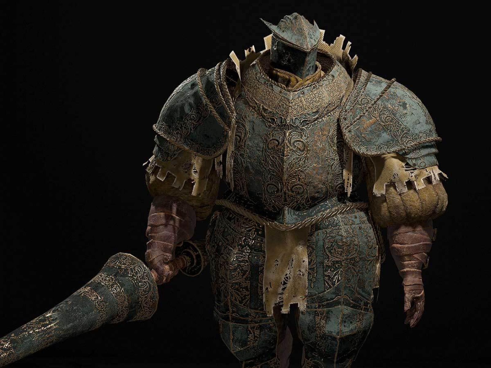 Detailed look at the armor of an oversized paladin.