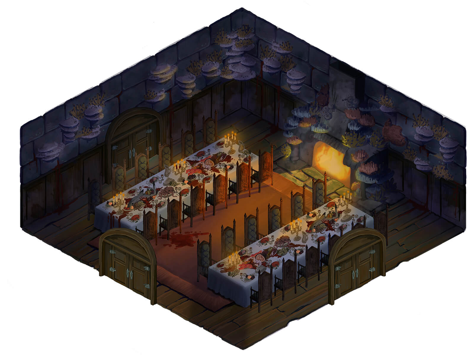 A top-down view of a dungeon with two tables laid with a feast