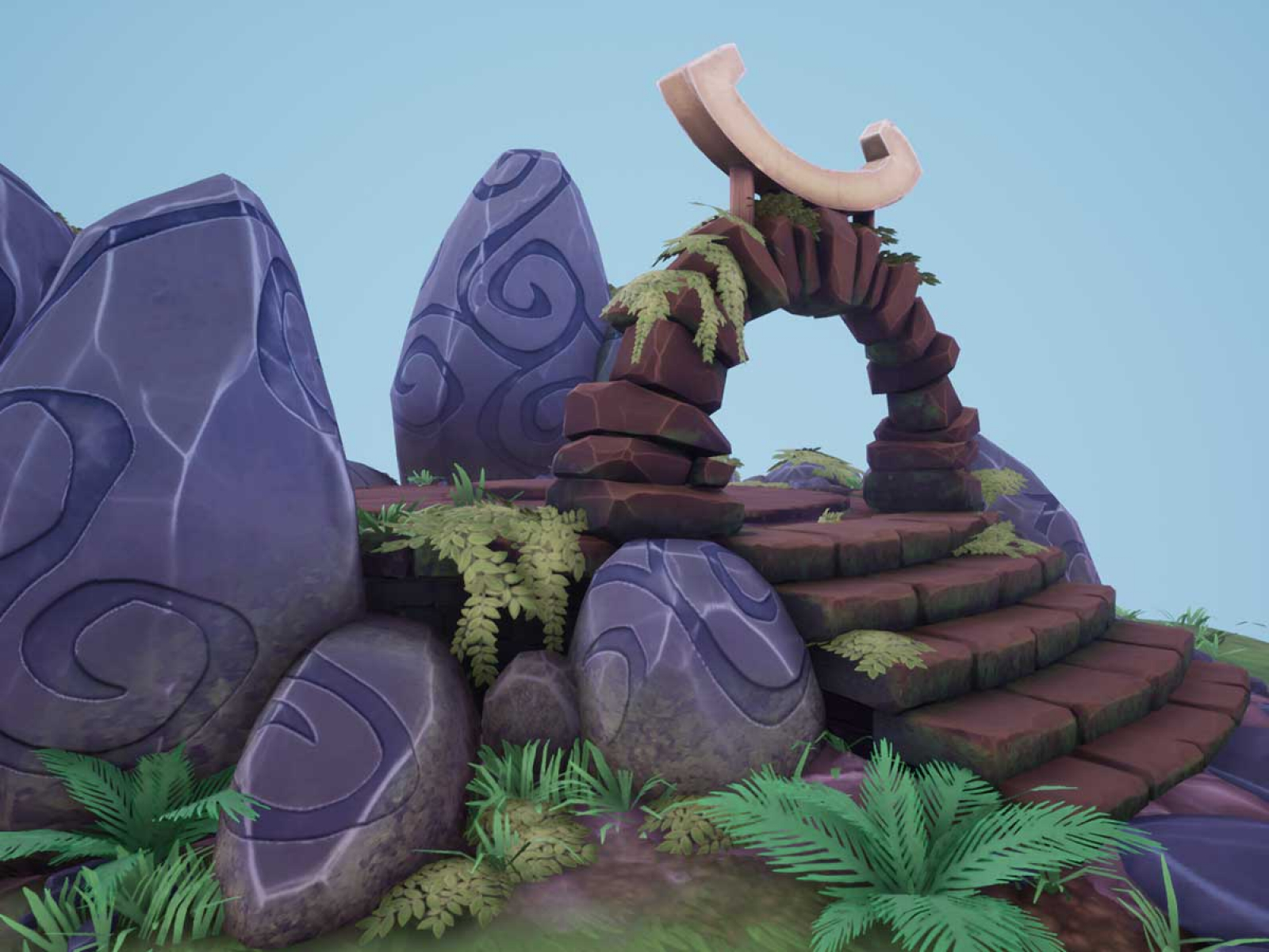 Stairs leading to an arch surrounded by sculpted rocks.