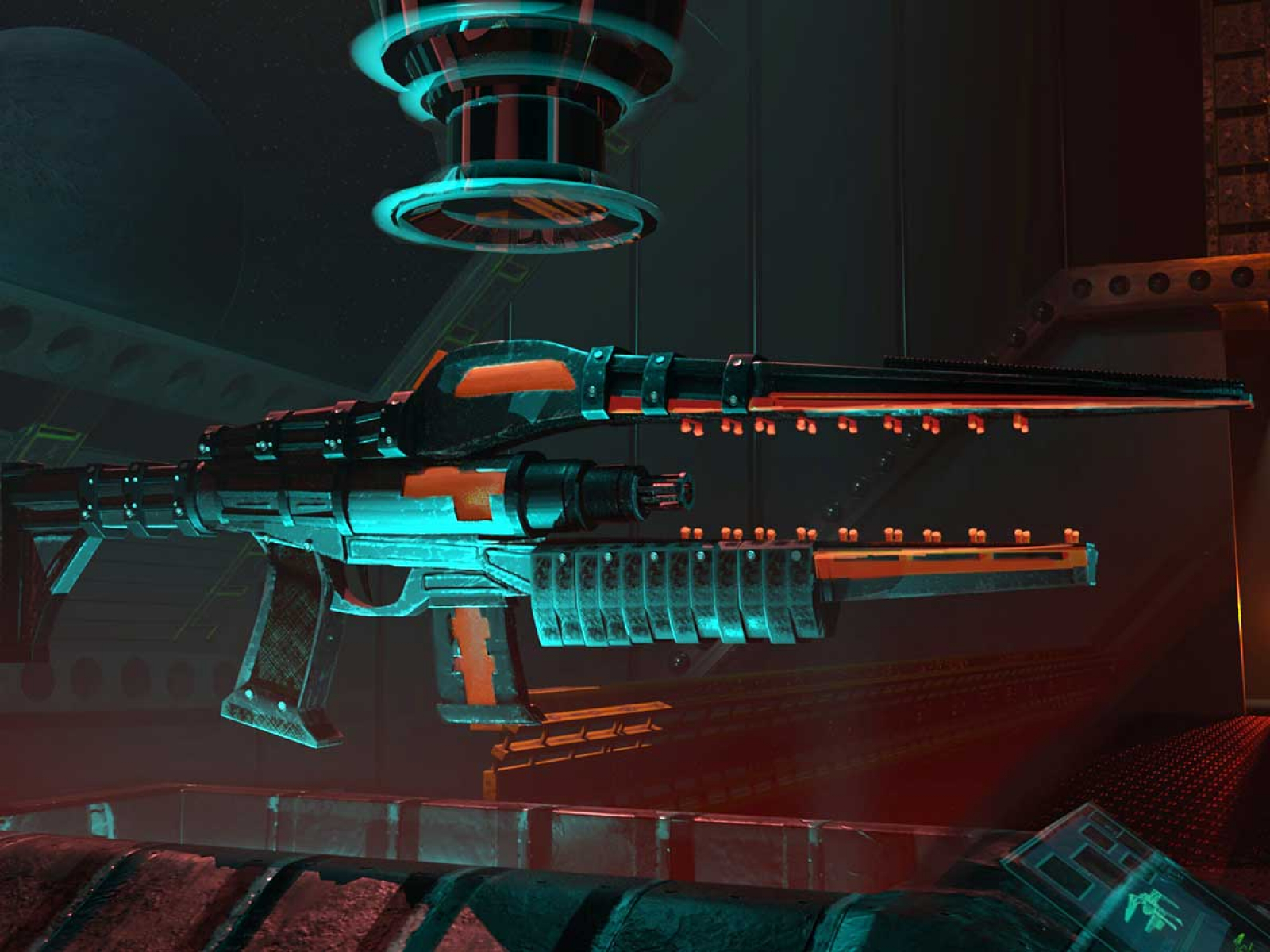 A futuristic weapon showcased within a factory.