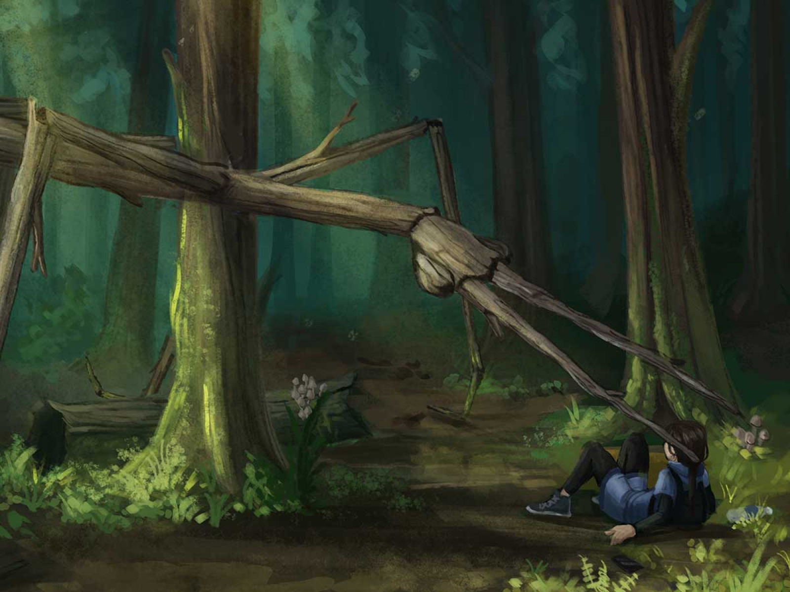 A child is approached by a giant stick bug in a forest.