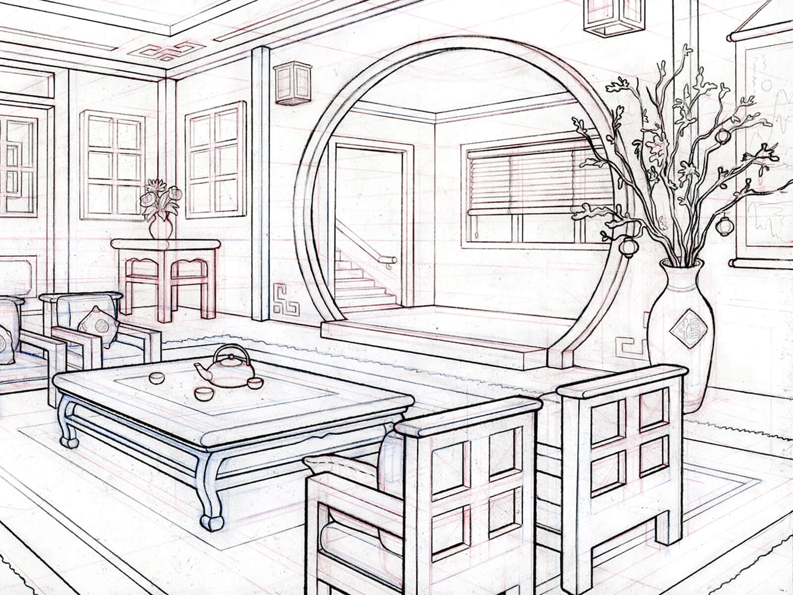 perspective drawing of an asian-inspired living room with a large circular entry