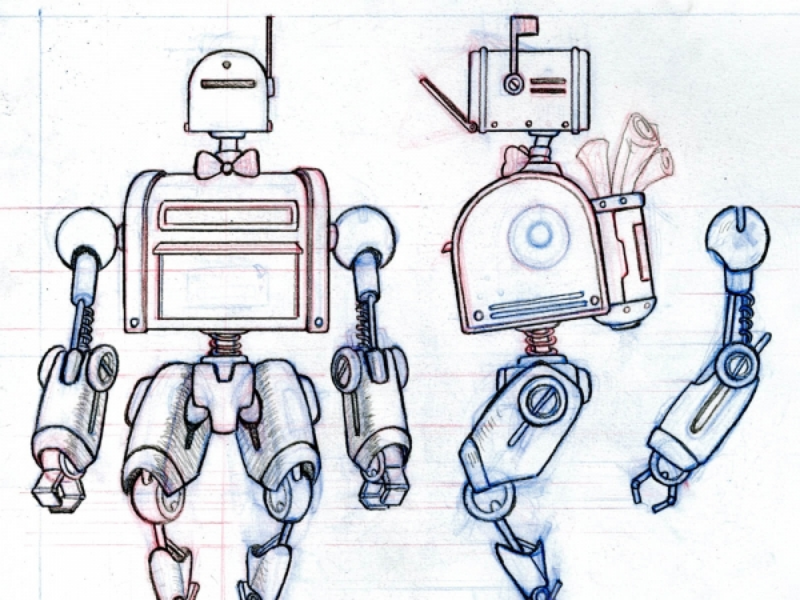 drawing of a robot called post-bot carrying an Amazon box and with a mailbox for a head
