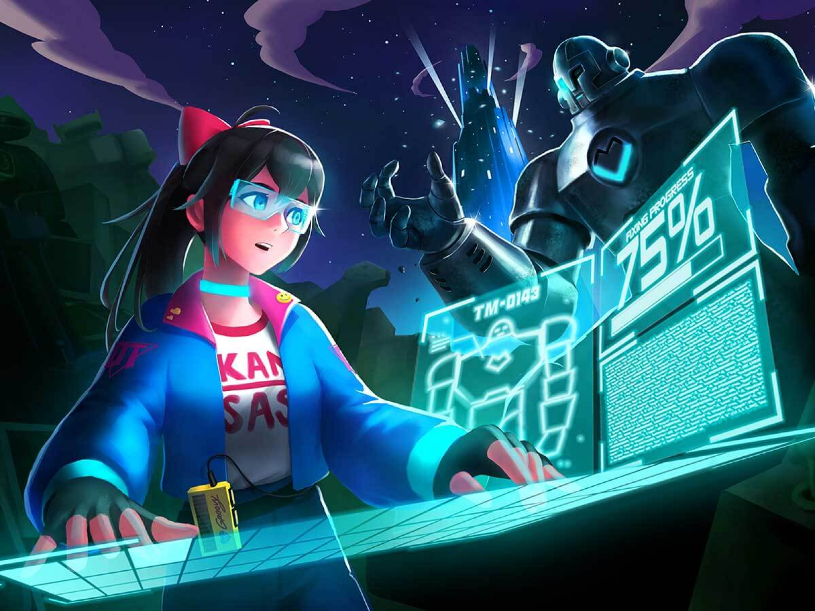 A girl works on an electronic overlay while a robot stands in the background.