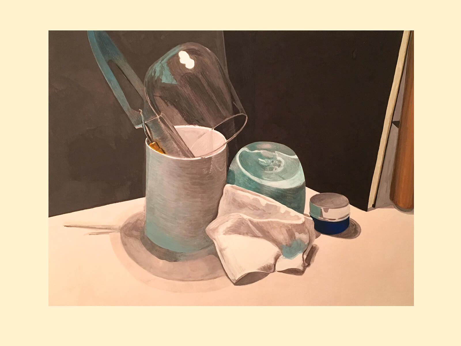 still-life traditional painting of a knife and glass in a cylindrical container