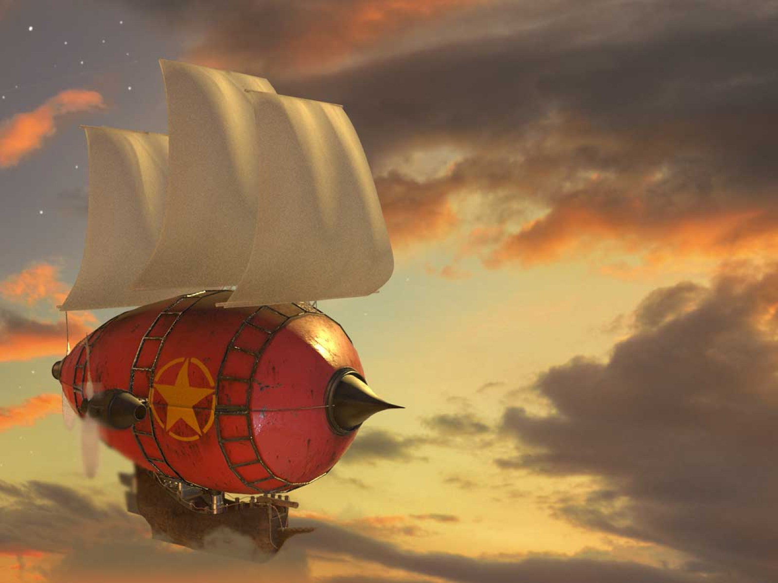 An airship flies through the sky as the clouds turn a golden color.