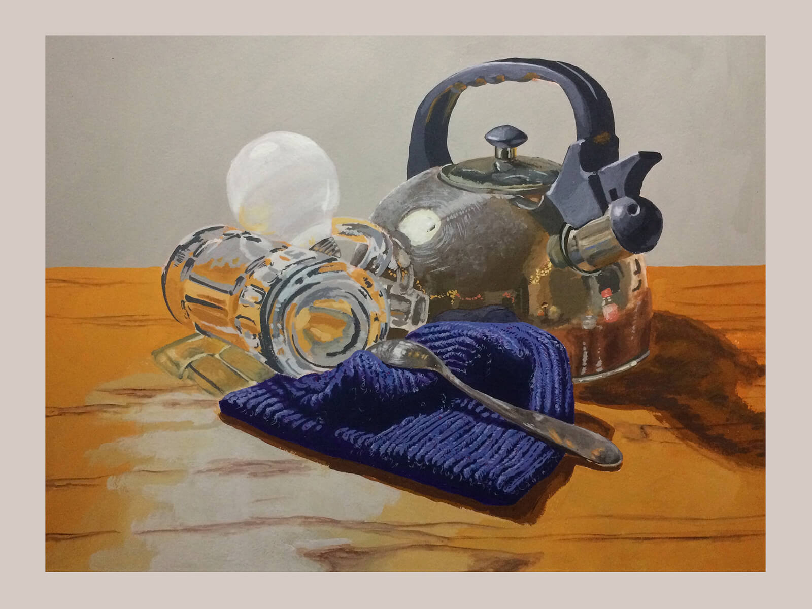 still-life-traditional painting of a tea kettle, lightbulb, blue napkin and spoon on a wooden surface