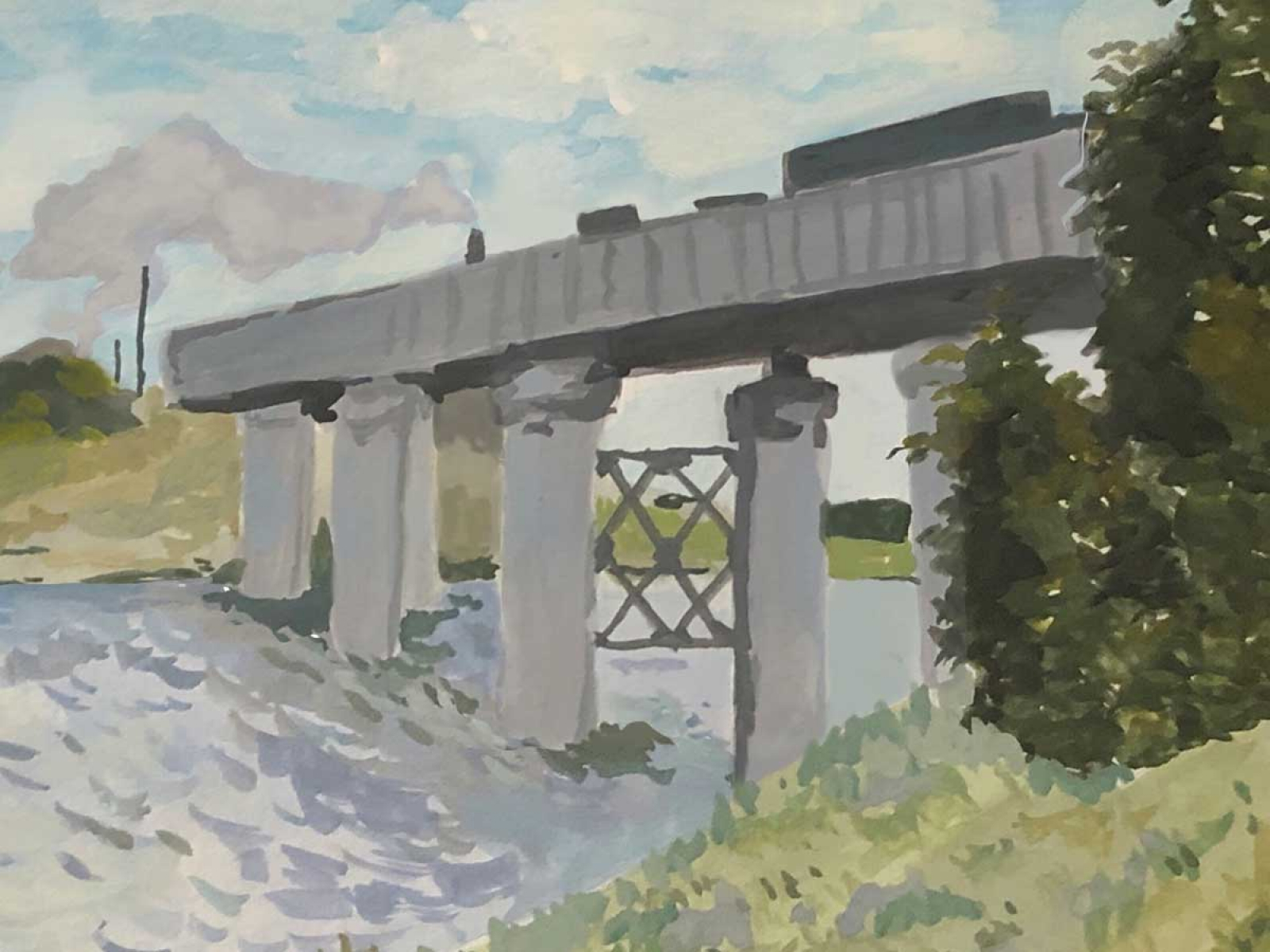 A painting of a train on a bridge over a river.