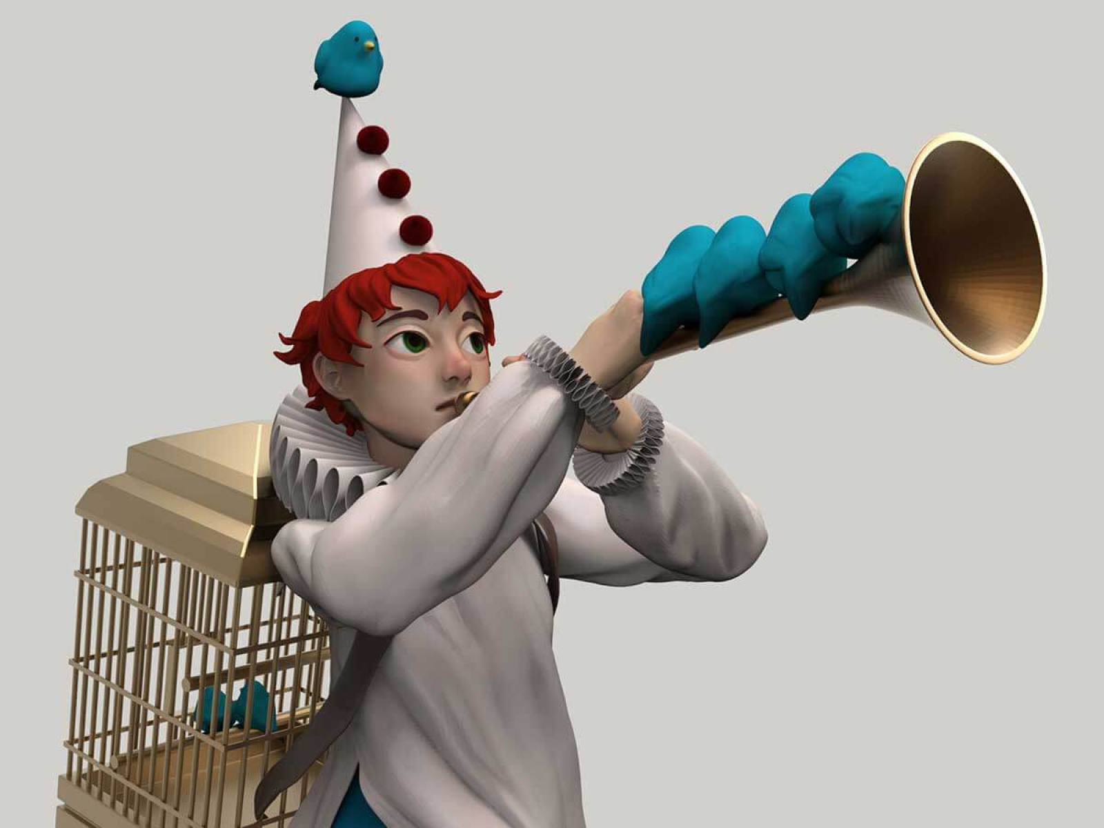 3D model of a jester playing a trumpet lined with blue birds.