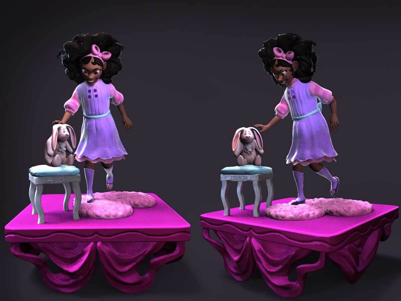 A girl in a pink and purple dress playing with her stuffed bunny.